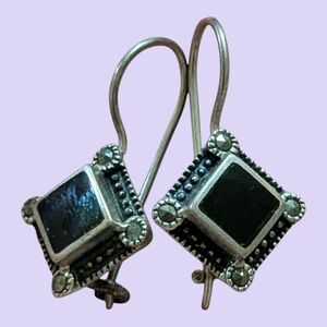 Vintage estate Black Onyx Square 925 Sterling Silver rare black rhinestone